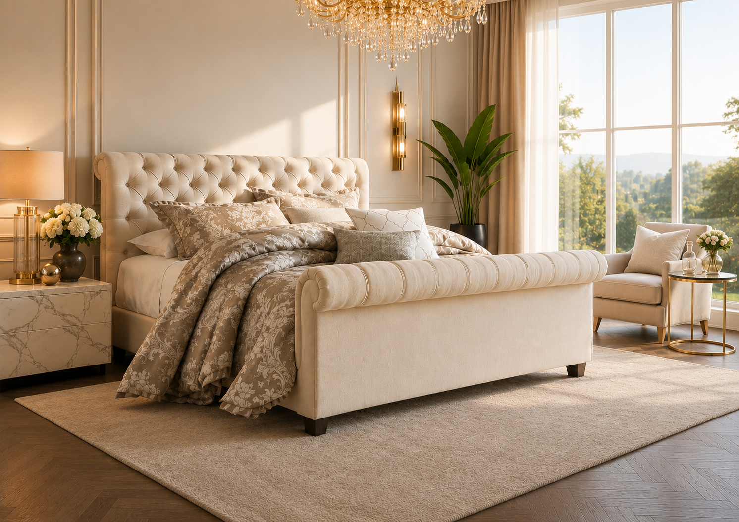 Evelyn Tufted Scroll Sleigh Bed Frame