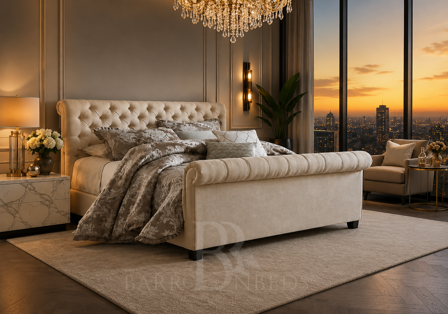 Evelyn Tufted Scroll Sleigh Bed Frame