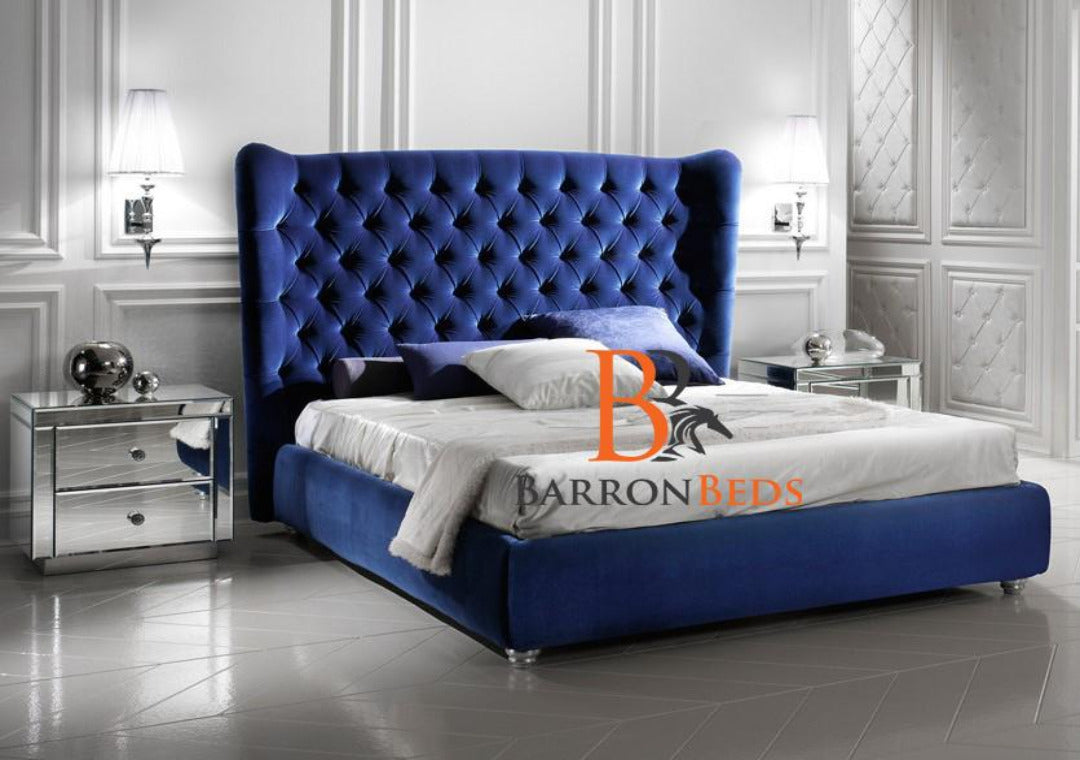 BED CRAFT Wingback Bed Panel Upholstered Frame Double King Size Super King Size Without Mattress In Grey Plush Velvet Handmade In UK-Gaslift Option